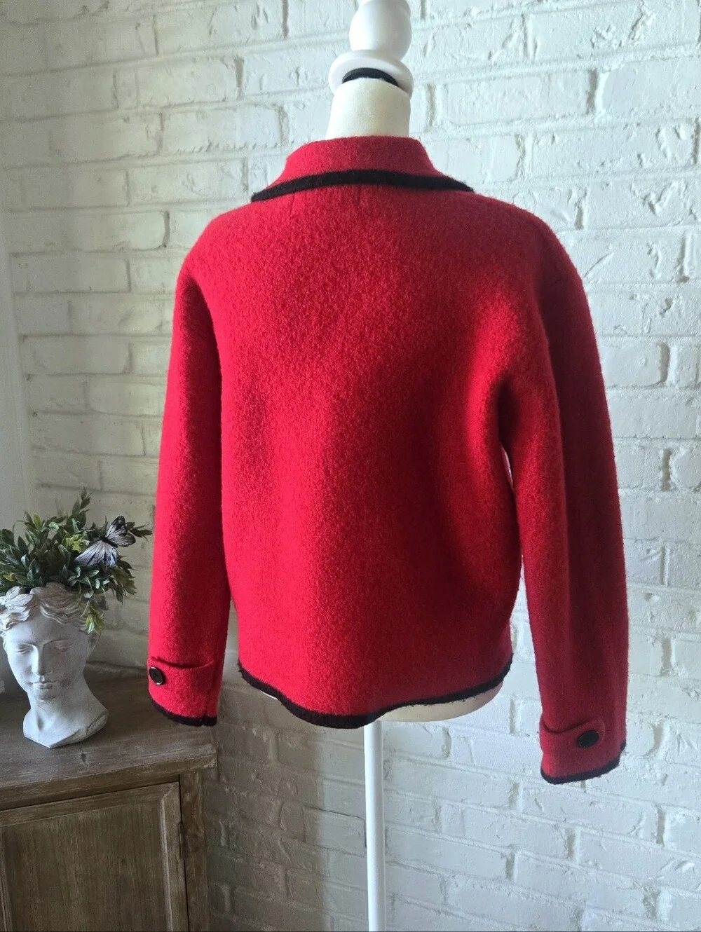 Vtg 80s 90s 100% WOOL Pea Coat, Red + Black Trim, Double Breasted, S